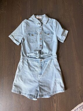 Light Wash Denim Romper - Short Sleeve Tie Front